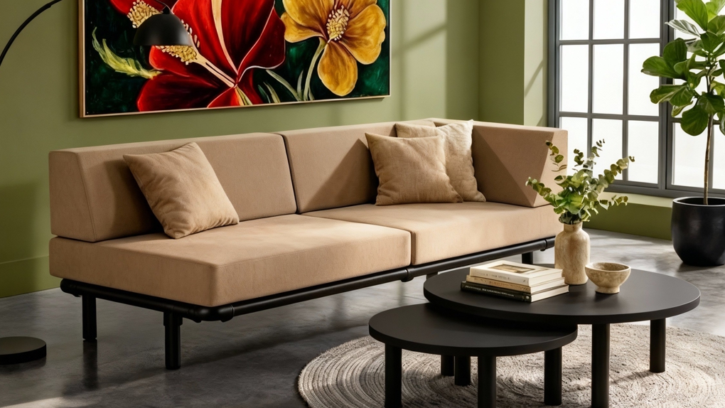 Neutrale, taupekleurige Strakke Industriële Chaise Longue in een hoekopstelling. De Sterke Chaise Longue Industriële Stijl Op Maat heeft een robuust, zwart frame en strak gestoffeerde kussens.