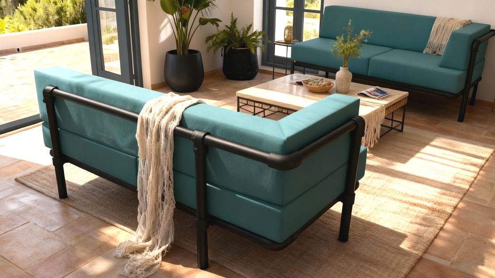 Turquoise Strakke Industriële Chaise Longue in een hoekopstelling met een houten zijtafeltje. De Sterke Chaise Longue Industriële Stijl Op Maat staat bij grote ramen die uitkijken op een tuin.