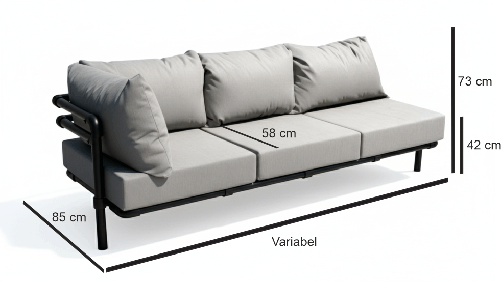 Technische tekening van de Melange 3-zit chaise longue met maataanduidingen: een zithoogte van 42 cm, een totale hoogte van 73 cm, een diepte van 85 cm en een variabele lengte.