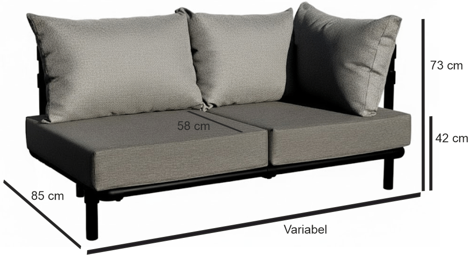 Technische tekening van de Melange chaise longue met maataanduidingen: een zithoogte van 42 cm, een totale hoogte van 73 cm, een diepte van 85 cm en een variabele lengte.