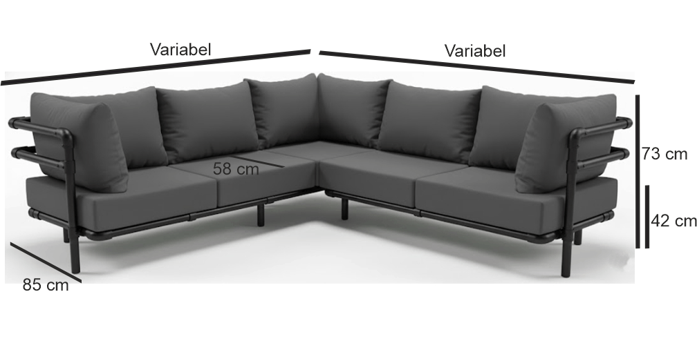 Technische tekening van de Melange hoekbank met maataanduidingen: een zithoogte van 42 cm, een totale hoogte van 73 cm, een diepte van 85 cm en een variabele lengte.