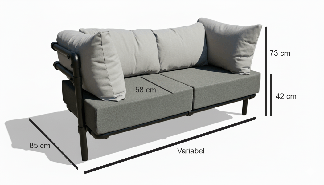 Technische tekening van de Melange zitbank met maataanduidingen: een zithoogte van 42 cm, een totale hoogte van 73 cm, een diepte van 85 cm en een variabele lengte.