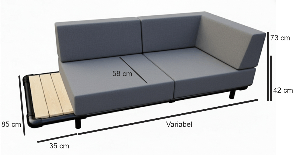 Technische tekening van de Steady chaise longue met maataanduidingen: een zithoogte van 42 cm, een totale hoogte van 73 cm, een diepte van 85 cm en een variabele lengte.