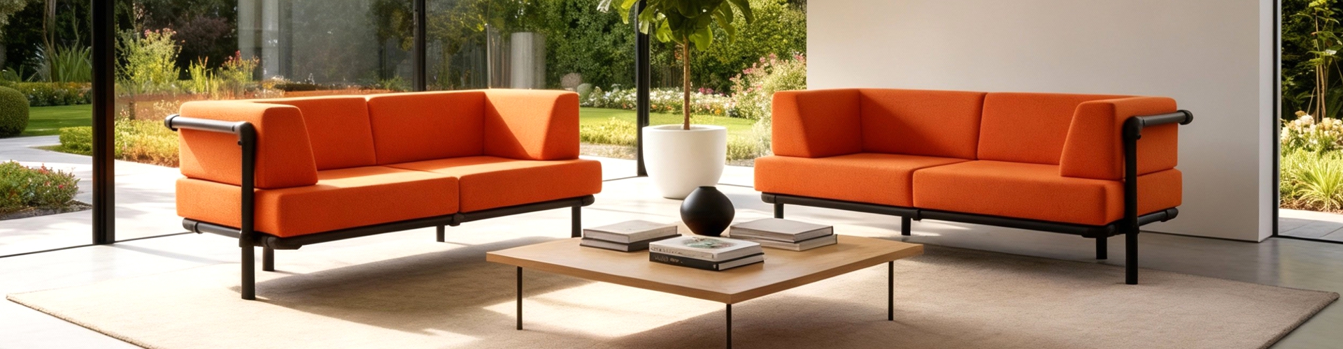 Twee oranje design banken met zwarte frames in een lichte, moderne kamer met uitzicht op een tuin.