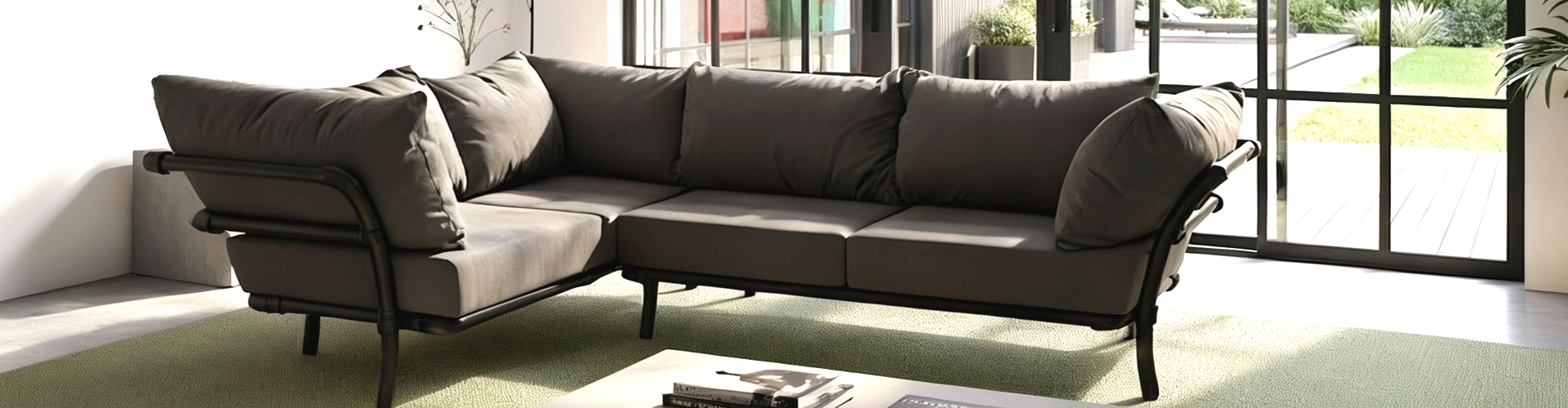 Grijze Brion modulaire familiehoekbank in een ruime, lichte woonkamer. De stoere zitbank hoekopstelling heeft diepe, comfortabele kussens en een industrieel frame.