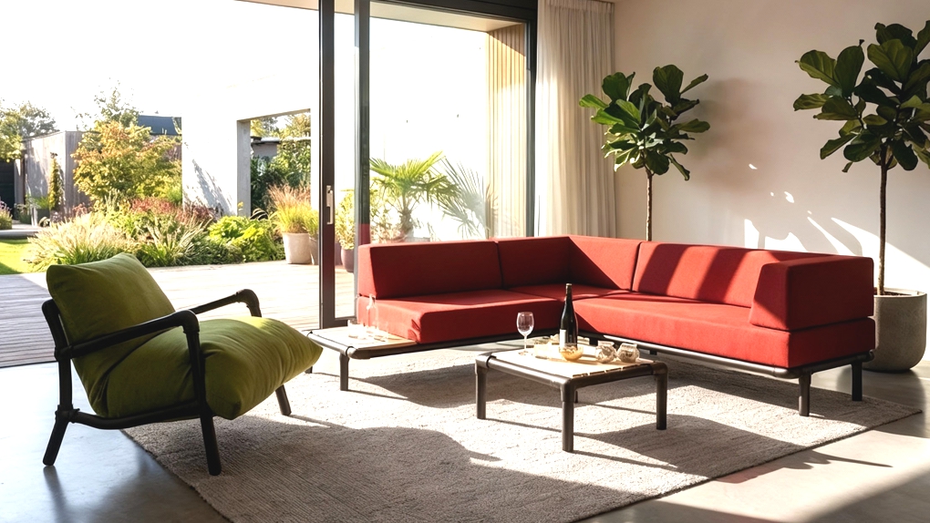 Een groen design fauteuil en een rode hoekbank met een zwart buisframe in een moderne kamer.