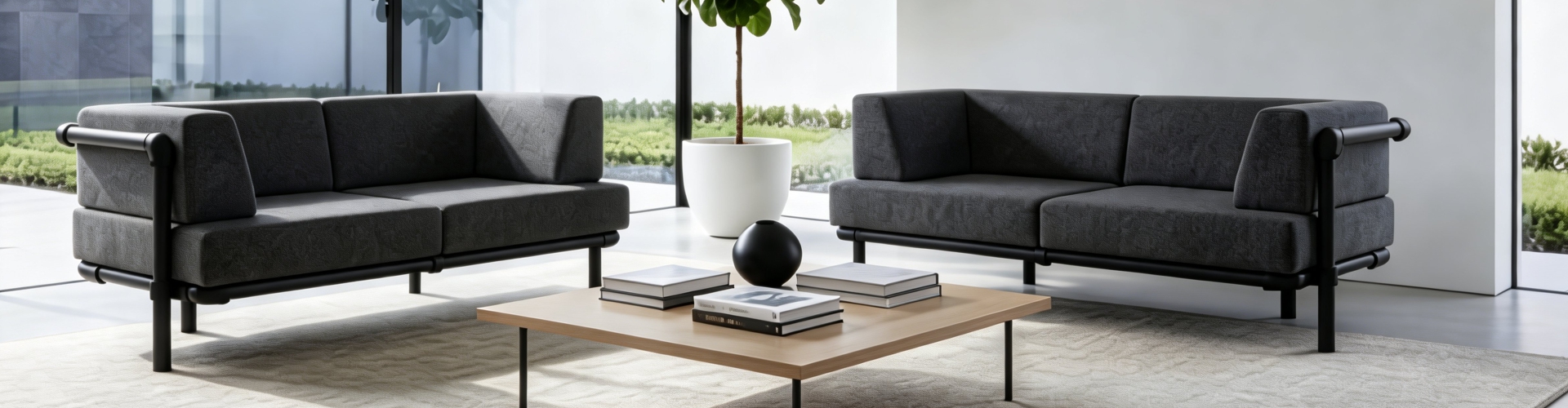 Twee donker grijze design banken met zwarte frames in een lichte, moderne kamer met uitzicht op een tuin.