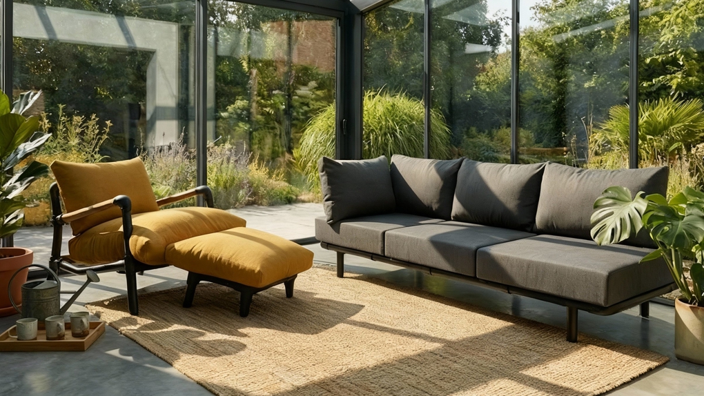 Een gele industriële fauteuil met zwart frame in een lichte kamer met een donker grijze chaise longue.