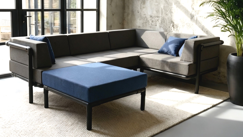 Een vierkante blauwe hocker model Stern met een zwart industrieel metalen onderstel, geplaatst bij een grijze Steady hoekbank.