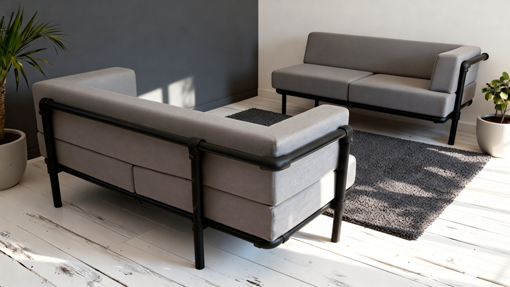 Twee grijze industriële chaise longue banken met een strak design en zwart buisframe, opgesteld in een lichte kamer met een witte houten vloer.