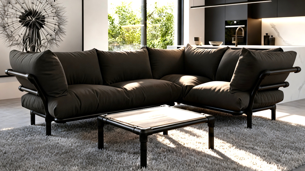 Een royale antracietgrijze Mellow hoekbank met volumineuze plofkussens en een zwart industrieel buisframe in een moderne, lichte woonkamer met een bijpassende salontafel.