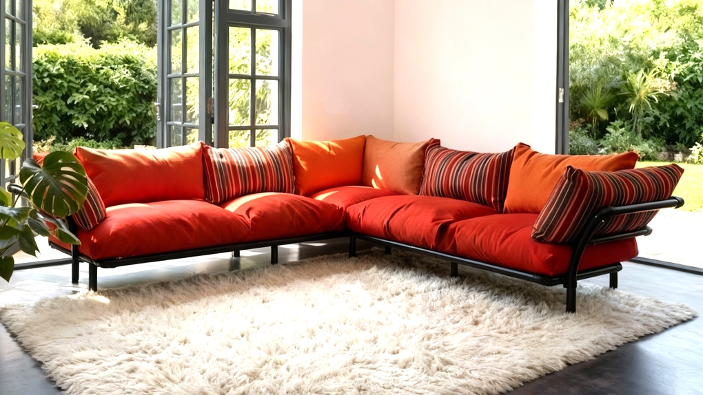 Een comfortabele oranje industriële hoekbank met gestreepte kussens en een houten loungetafel in een sfeervol interieur.