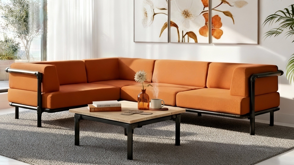 Een royale industriële hoekbank in een warme terra-oranje kleur met een zwart buisframe, geplaatst in een licht en modern interieur met een bijpassende salontafel.