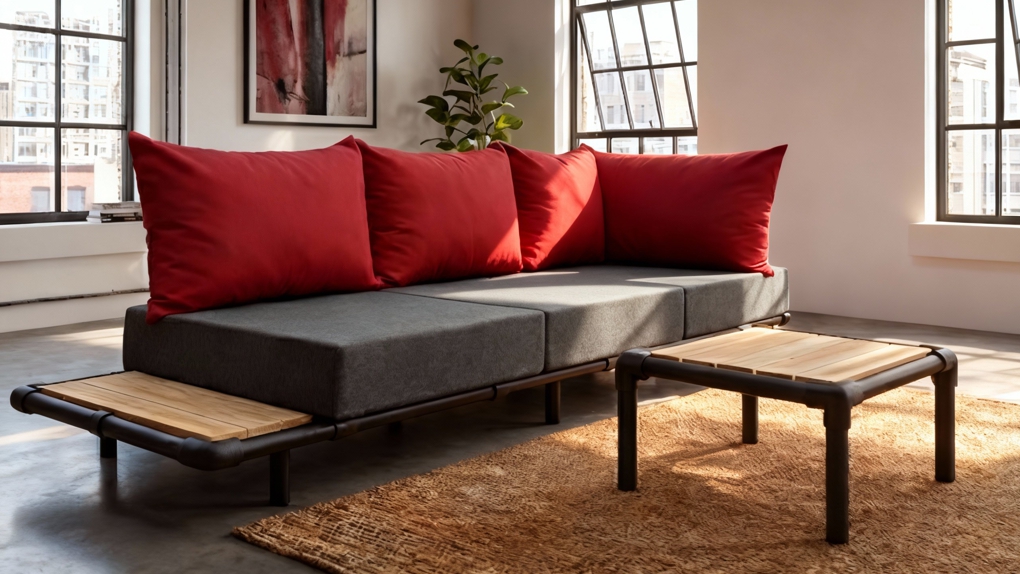 Een loungetafel Duran met een houten blad en zwart buisframe bij een lichtgrijze bankopstelling.