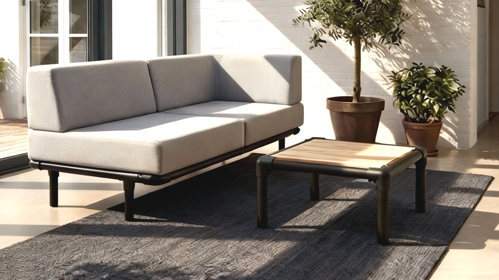 Een loungetafel Duran met eikenhouten blad en zwart buisframe geplaatst bij een lichtgrijze bank.