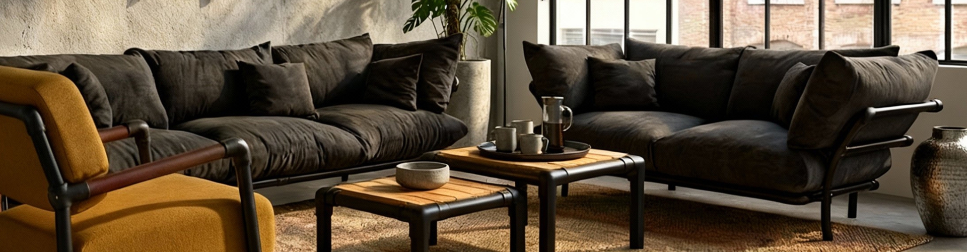 Een ruime industriële showroom met zwarte loungebanken, een gele fauteuil en grote raampartijen.