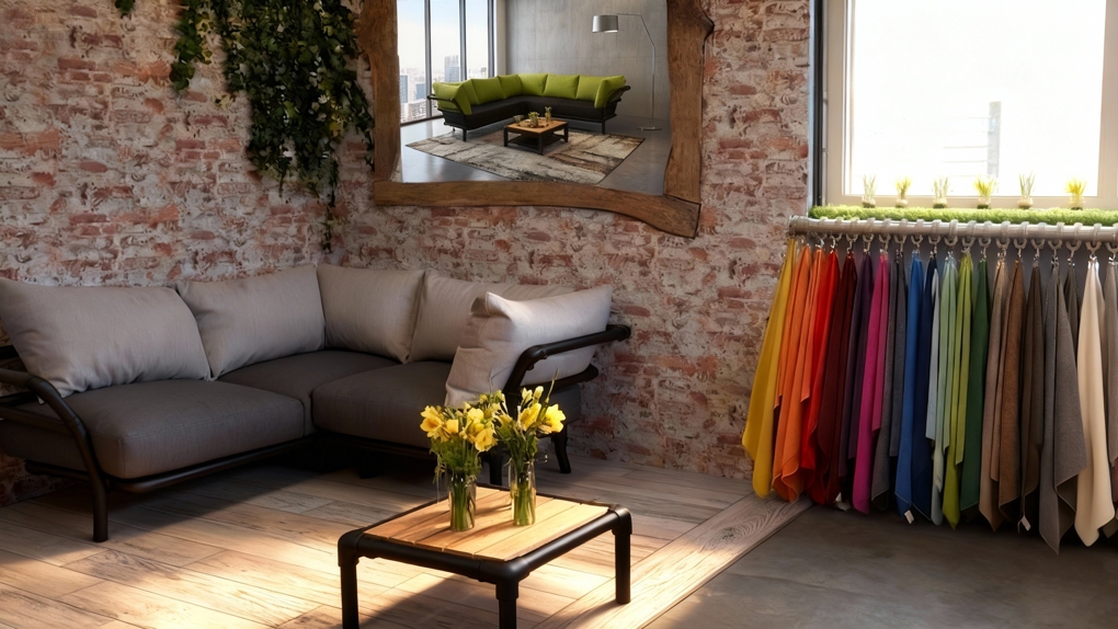 Een sfeervolle showroom met een grijze industriële hoekbank, een houten loungetafel en een wand vol kleurrijke stofstalen.