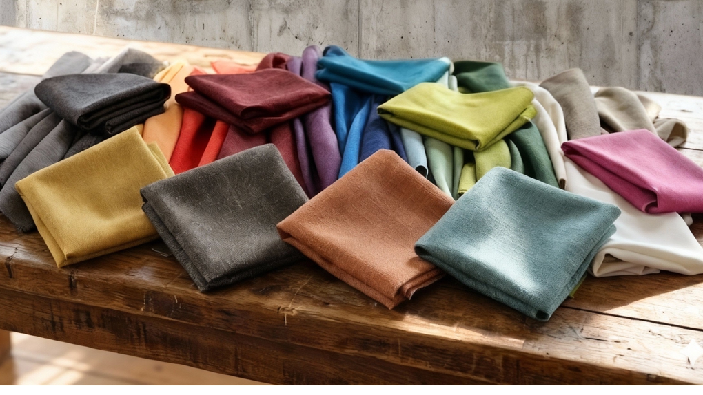 Een overzicht van kleurrijke stofstalen liggend op een robuuste tafel in een showroom.