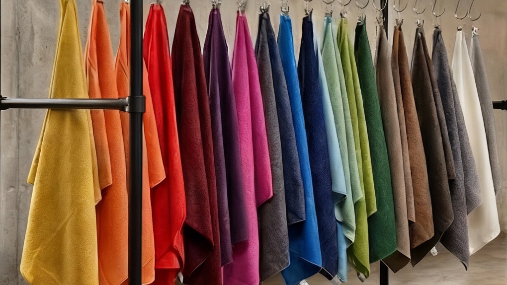 Een overzicht van kleurrijke stofstalen hangend aan een zwart industrieel rek in een moderne showroom.