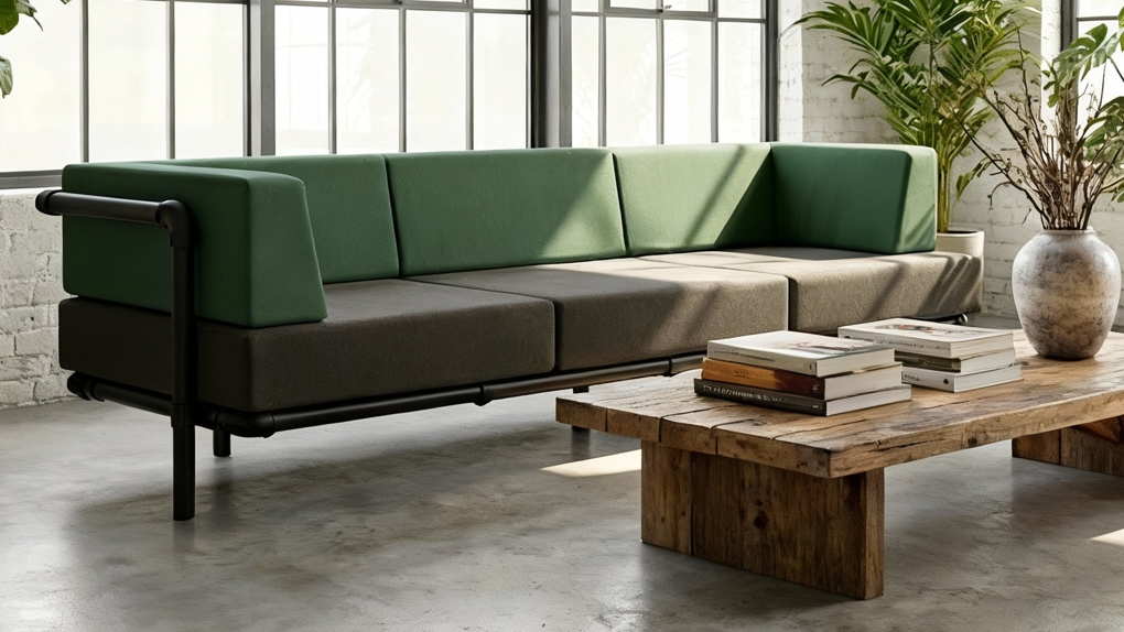 Een groene industriële zitbank met zwart buisframe in een sfeervolle woonkameropstelling.