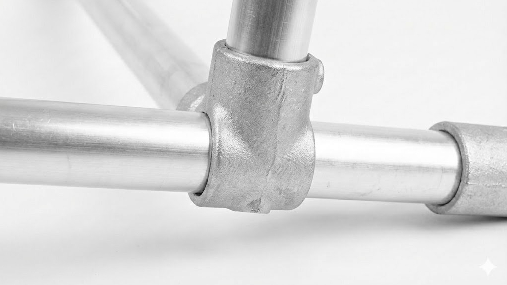 Close-up van een glanzend zilverkleurig T-stuk van een industrieel buisframe, gemaakt van thermisch verzinkt gietstaal.