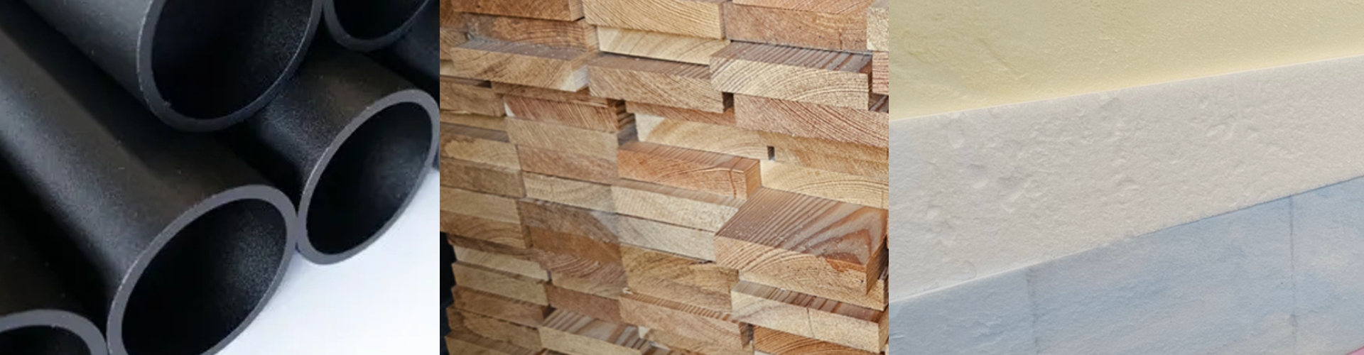 Een collage van drie afbeeldingen die de basismaterialen van Bankenstoelen.nl tonen: zwart gepoedercoate aluminium buizen, gestapelde houten planken en lagen A-kwaliteit schuimrubber.