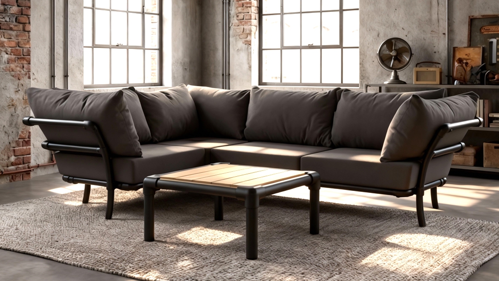 Een robuuste Duran loungetafel met een houten blad en een kenmerkend zwart industrieel onderstel.