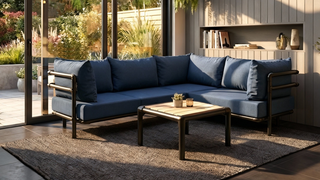 Een robuuste loungetafel Duran met een houten blad en industrieel zwart buisframe.
