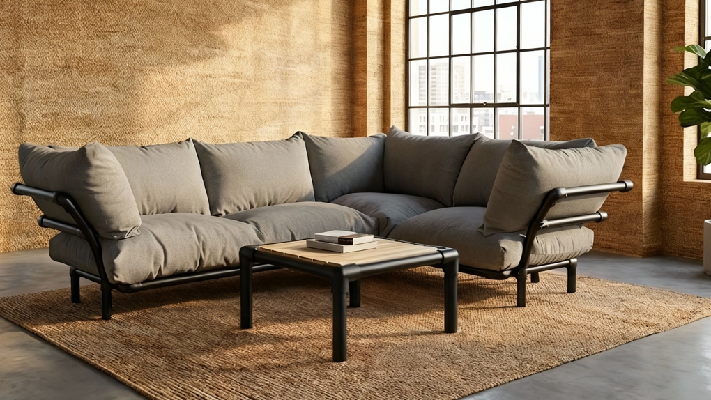 Een industriële loungetafel Duran met een houten blad en een zwart frame bij een grijze bank.