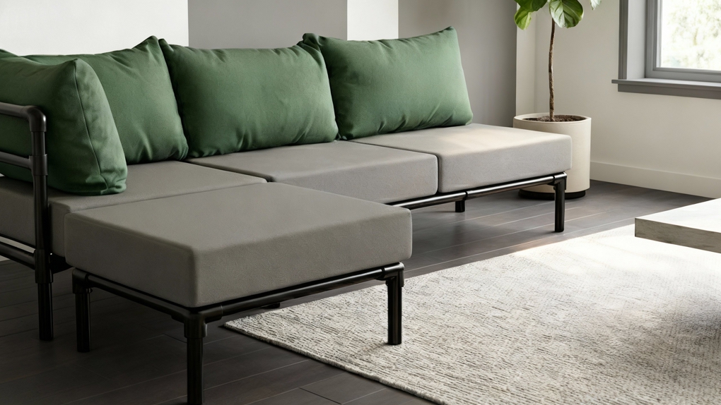 Een chaise longue met donker grijze en donker groene kussens met een hocker erbij in donker grijs. In een lichte woonkamer.