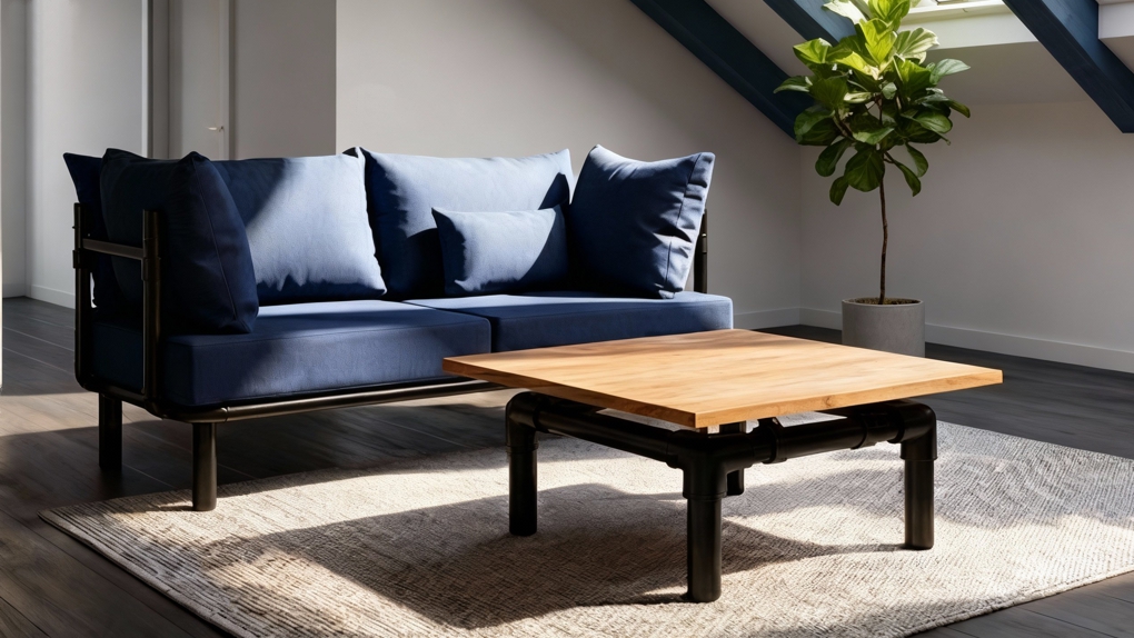 Een vierkante loungetafel Riff met een licht houten blad en slank zwart onderstel in een moderne kamer.