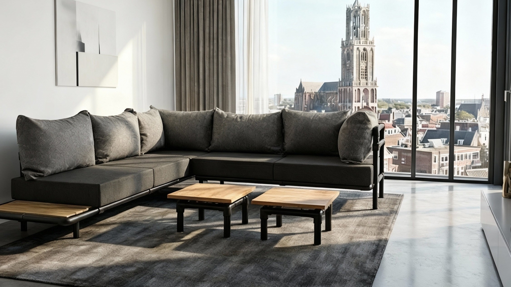 Een vierkante loungetafel Riff met een licht houten blad en slank zwart onderstel.