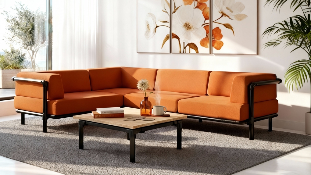 Een grote oranje industriële hoekbank met een zwart buisframe en een vierkante houten loungetafel in een lichte woonkamer.