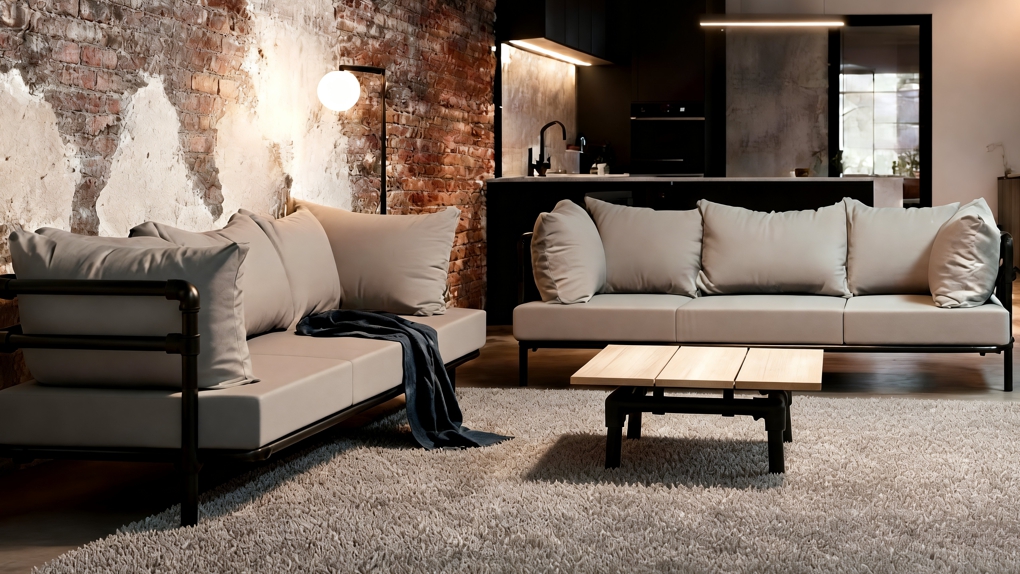 Twee grijze industriële zitbanken met zwarte buisframes, een lage houten salontafel en sfeerverlichting in een modern interieur met een bakstenen muur.