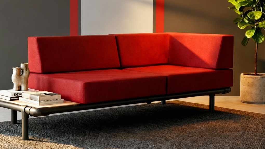 Een rode industriële chaise longue met een zwart buisframe en een houten aanzet tafeltje.