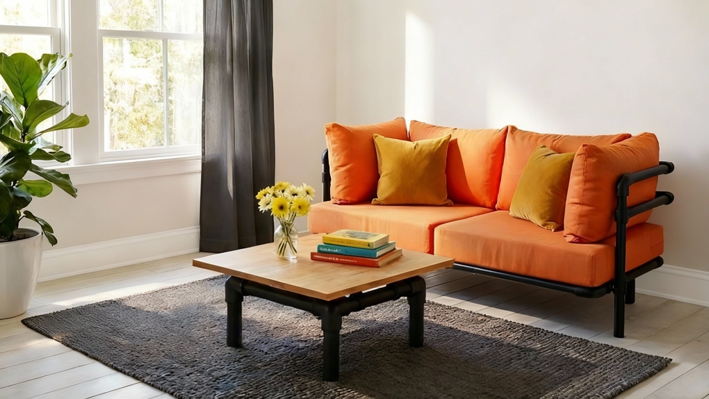 Een vierkante loungetafel Riff met een licht houten blad en een slank zwart onderstel.