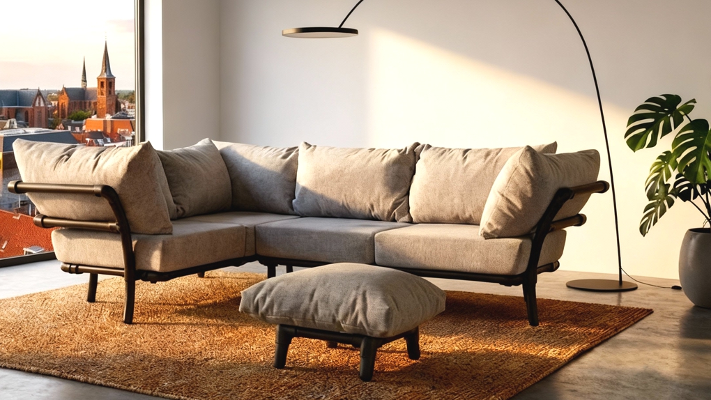 Een grijs voetenbankje Puff geplaatst bij een grote industriële hoekbank voor extra loungecomfort.