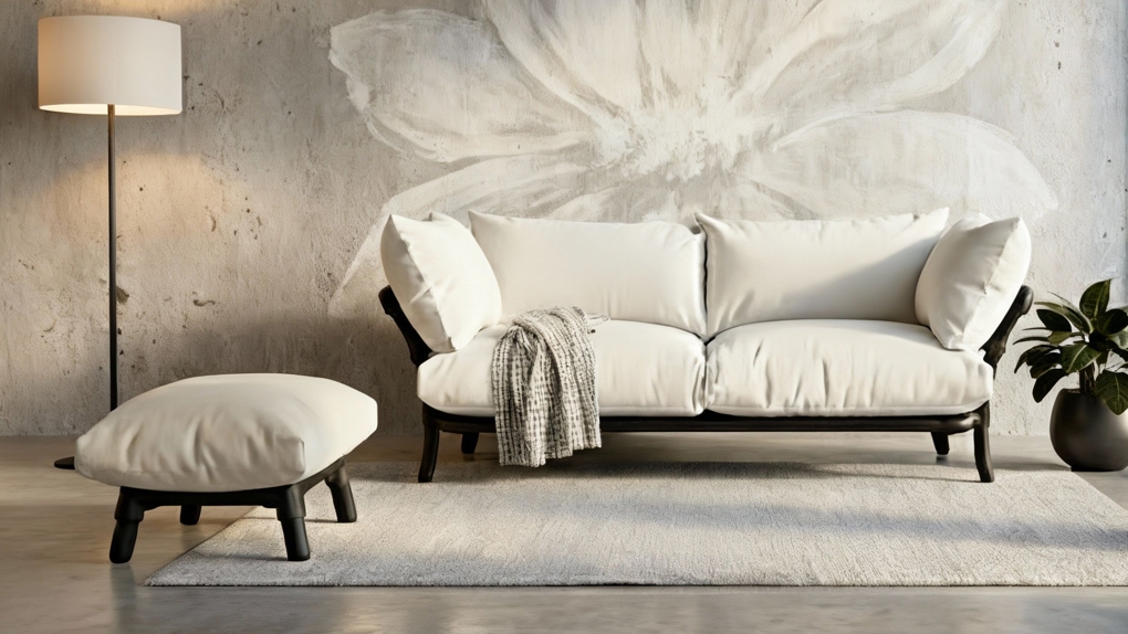 Een wit voetenbankje Puff geplaatst voor een witte comfortabele plofbank met een industrieel zwart frame.