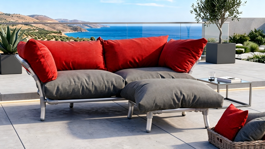 Mambo, comfortabele rood grijze loungebank tuin. Comfortabele plofkussens met een hocker ervoor in een tropische buitensetting.